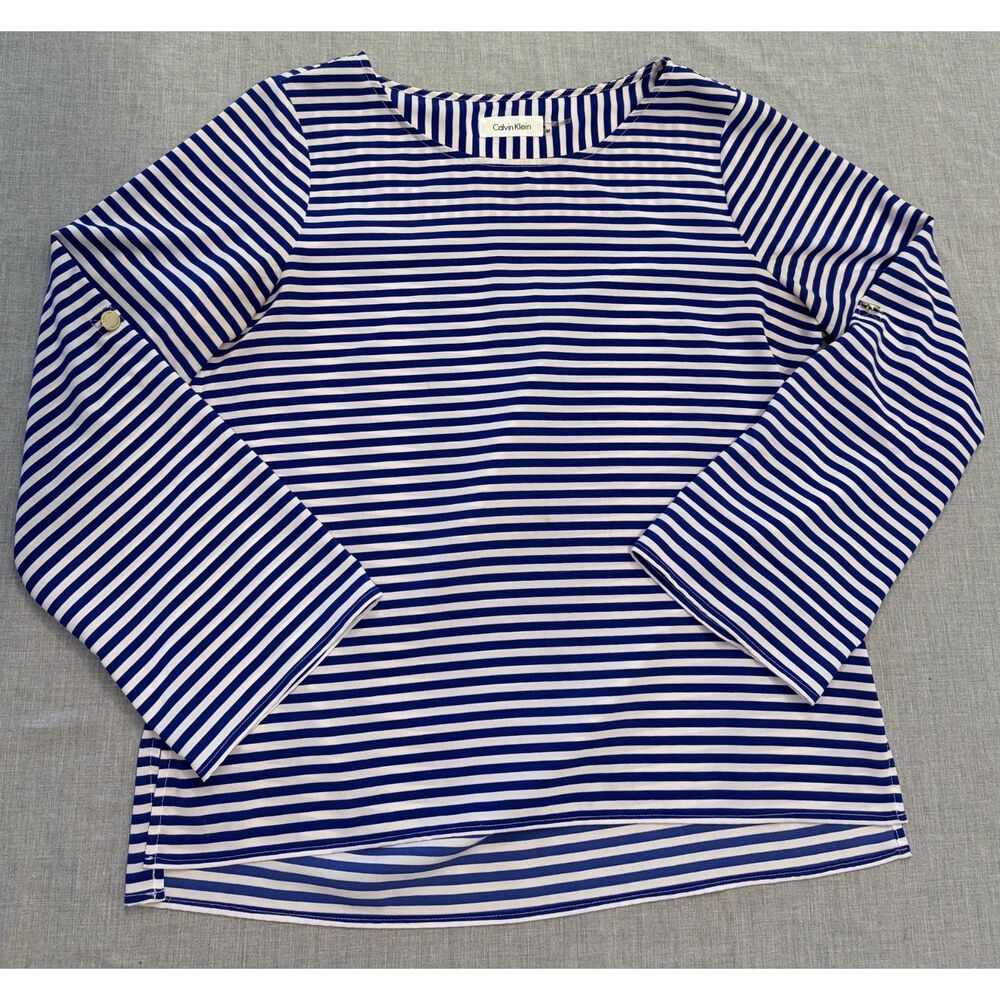 Calvin Klein Blue & White Striped Pullover Blouse Top Roll Tab Sleeves